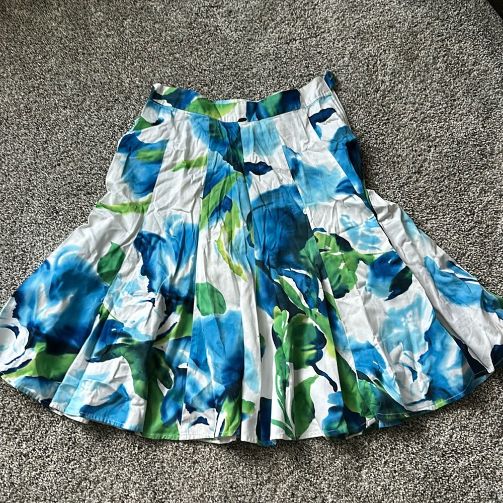 High Waist Abstract Print Cotton Pleated Midi Skirt